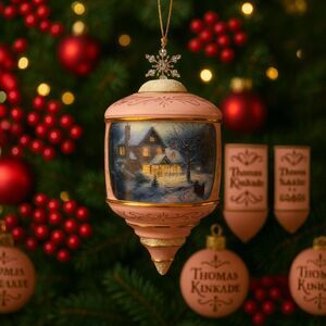 Thomas Kinkade Christmas Ornament Pink Gold Finial Winter Cottage Vintage Style